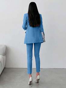 SHEIN Traje De Pantalón Y Abrigo Con Solapa De Color Liso Para Mujer
