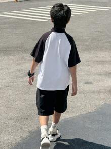 SHEIN 青少年男孩休闲运动学院文艺风复古日韩宽松白色撞色插肩袖POLO衫适合返校节适合生日派对、晚会、演出、婚礼、洗礼、开幕式日常适合日常穿着适合上学适合旅行适合运动适合春夏季节 - 白色 - 查看 7