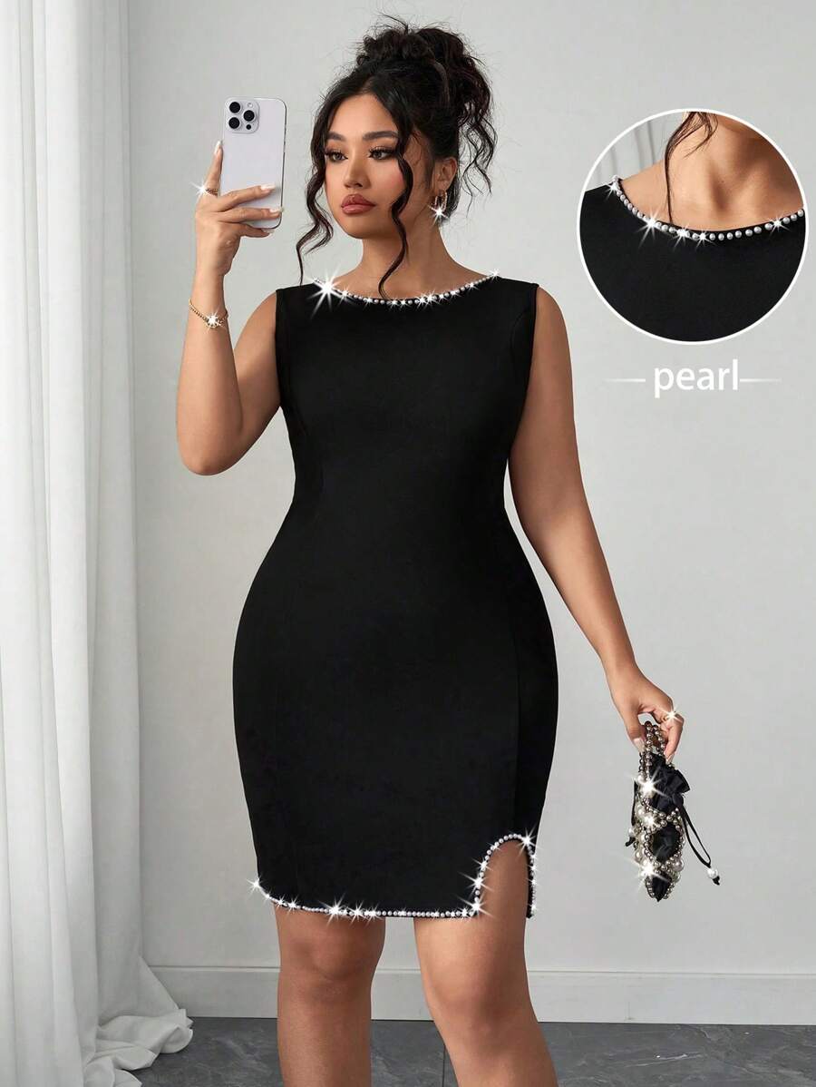 Elenzga Đầm ôm dáng thanh lịch cỡ lớn cho nữ, trang trí ngọc trai, thời trang khi đi làm, dáng chữ A, đa năng khi mặc hàng ngày - màu đen - Xem 1
