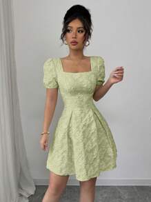 Rafferiza Women Floral Dobby Elegant Puff Sleeve Scoop Neck Dress - Green - View 5
