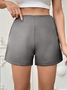 SHEIN Cottnline 女士休闲纯色简约斜口袋短裤，夏季 - 灰色 - 查看 4