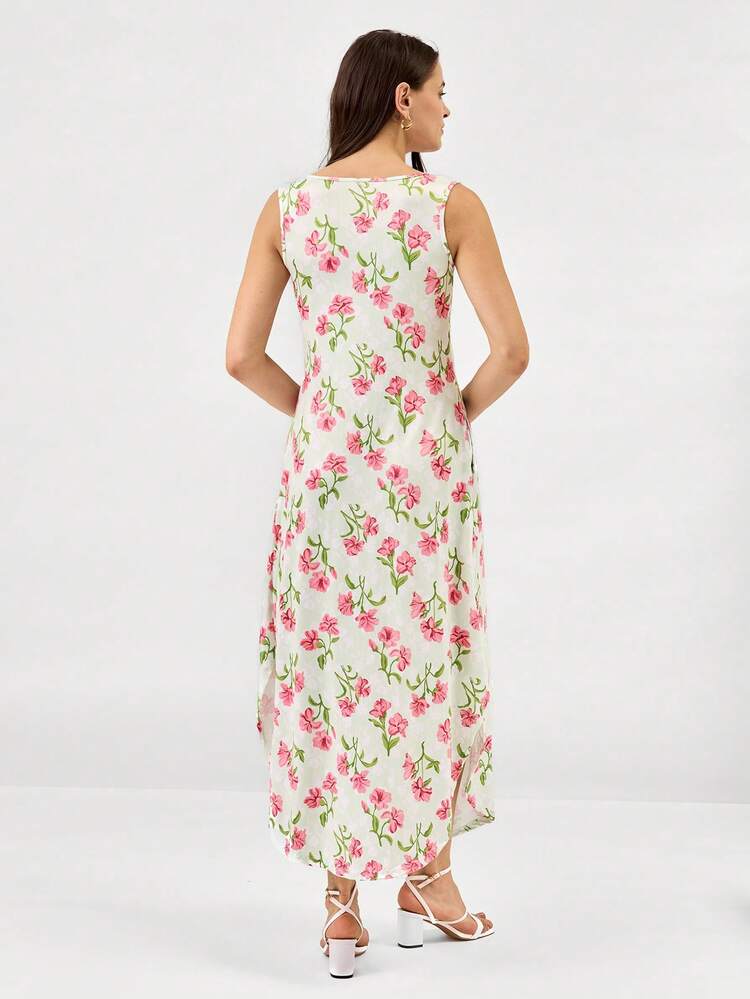 Women's Floral Print Side Pockets Round Neck Long Dress, For Spring & Summer Vacation