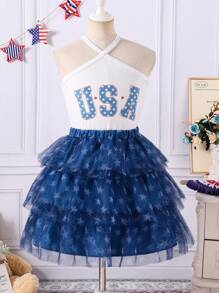 SHEIN Glamorique Kids Girls Big Size Summer Star Print Camisole Top And Mini Skirt Outfit, Minimalist, Cute, Suitable For Commute, Casual, Versatile Girls American Dress Girls Usa Outfit Usa Dress Girls