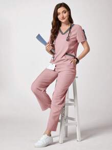 TaskEZ Solid Color V-Neck Short Sleeve T-Shirt And Pants Scrub Uniform Set - Baby Pink - View 7