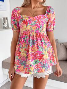 SHEIN Blusa de maternidad con estampado floral, cuello de corazón y mangas abullonadas, para verano y vacaciones para mujeres - Multicolor - Ver 4