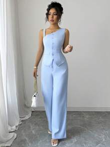 Elenzga 2pcs Spring/Summer Spaghetti Strap Button Sleeveless Vest And Straight Leg Button Pants Women Suit Set
