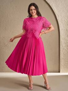 Chikora Plus Size Elegant And Romantic Lace And Pleated Maxi Dress, Fashionable For Summer - Hot Pink - View 3