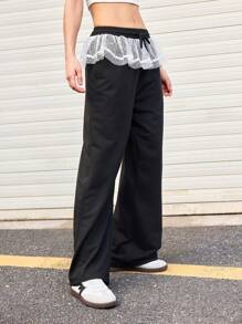 SHEIN Sports 女式网眼拼接抽绳腰部宽松运动裤 - 黑色 - 查看 5