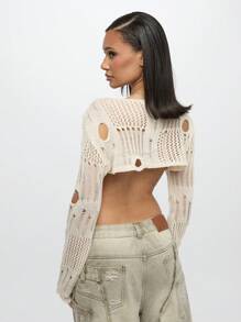 SUMWON WOMEN Top corto con mangas largas de ganchillo desgastado, suéter de punto deshilachado de moda para otoño e invierno, tejido suelto y ultracrópico, informal para uso diario