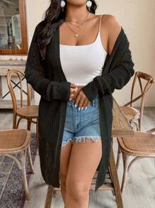 EMERY ROSE Plus Size Women Hollow-Out Long Sleeve Maxi Cardigan, Lightweight, Suitable For Vacation, Party And Daily Commute, Spring/Summer - Black - View 7