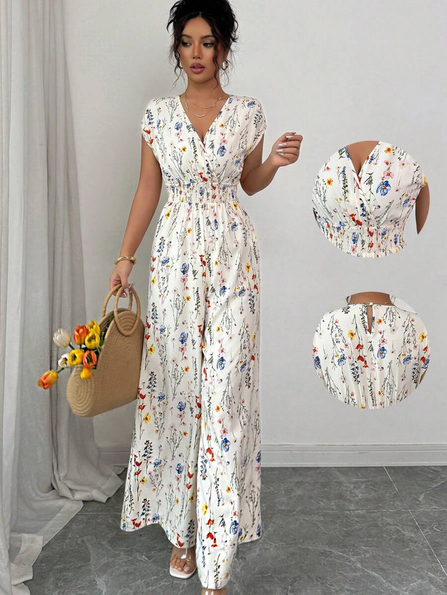 Elenzga Mono de pierna ancha con cintura ceñida y estampado, con cuello en V para mujer