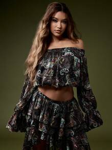 MISSGUIDED Blusa corta con hombros descubiertos, estampado de paisley bohemio, mangas abullonadas, para festivales, verano, playa, vacaciones, fiestas y eventos de noche - Multicolor - Ver 5