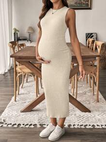 SHEIN Đầm bầu mùa hè không tay cổ tròn màu trơn - Màu be - Xem 3