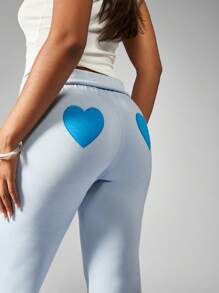 MISSGUIDED Calça de Moletom com Perna Flare, Roupa de Estar em Casa com Estampa de Coração, Confortável, Calça de Ioga, Calça Atlética Flare para o Outono e Inverno, Calça de Lazer