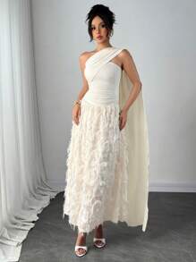 Airlisse Abito da donna elegante e fluido, con toppework arricciato, motivo floreale a strati, adatto per vacanze