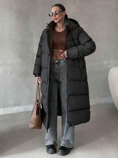EURMUSE Dames winterjas met capuchon en lange vulling, warme kleding, winterstijl