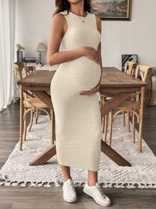 SHEIN Đầm bầu mùa hè không tay cổ tròn màu trơn - Màu be - Xem 4