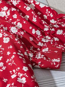 SHEIN LUNE Blusa casual de manga corta con cuello cuadrado y estampado floral todo sobre, uso diario bohemio/boho, estilo de vacaciones, playa, boda de invitados, verano, salida de verano, Día de la Madre, simple y de moda, blusa de trabajo para mujer, blusas sencillas, elegante para vacaciones, ir y venir, minimalista, elegante para fiestas personalizadas, elegante y de moda para ir a la oficina, para uso diario - Rojo - Ver 4