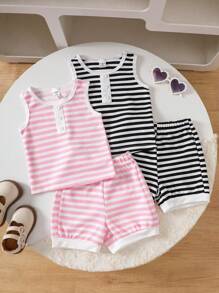 4-Piece Baby Girl Casual Versatile Striped Sleeveless Top And Pants Set Suitable For Spring And Summer Daily Wear - Multicolor - View 9