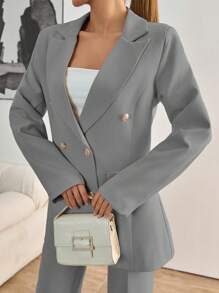 EURMUSE Women's Double Breasted Lapel Neck Blazer & Belted Pants Suit Set - Grey - View 3