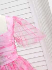 SHEIN Glamorique Kids 青少年女孩花卉印花优雅夏装，青少年甜美礼服 - 粉色 - 查看 5