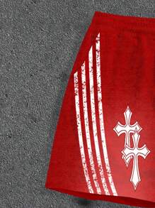 Manfinity ZONE917 Men's Street Style Striped Cross & Distressed Graphic Red Shorts - Red - View 3