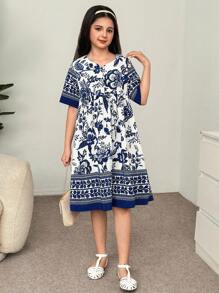 Vestido casual de vacaciones con cuello redondo y manga corta para niñas preadolescentes, suelto y cómodo