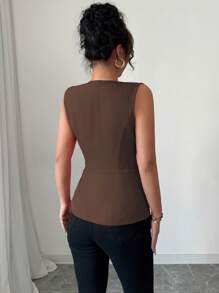 Elenzga Women's Elegant Casual Vacation & Commute Solid Color Open V-Neck Crossover Metal Button Pleated Sleeveless Blouse, Spring/Summer - Brown - View 2