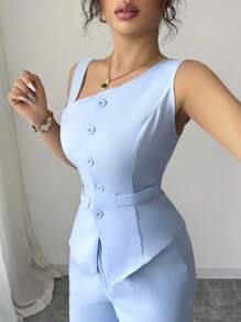 Elenzga 2pcs Spring/Summer Spaghetti Strap Button Sleeveless Vest And Straight Leg Button Pants Women Suit Set
