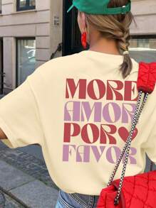 Women's Casual Letter Pattern Round Neck Short Sleeve T-Shirt, Summer - Khaki - View 3