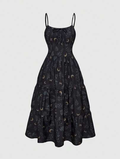 Goth Summer Vacation Moon & Plant Pattern Retro Print Sleeveless Dress