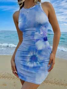 SHEIN EZwear 休闲简约全花卉印花度假圆领无袖中长修身夏季连衣裙 - 彩色 - 查看 5
