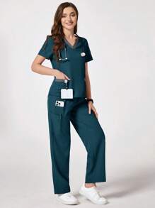 TaskEZ Color Block V-Neck Short Sleeve Top And Pants Scrub Uniform Set - Teal Blue - View 4