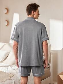 Provexi 2pcs Men's Contrast Color Trim Button Front Short Sleeve Top And Shorts Loungewear Set - Dark Grey - View 2