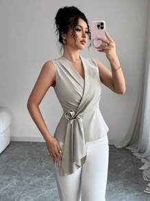SHEIN Unity Women Sleeveless Shirt With Tie Design, Slimming And Elegant - Grey - View 1