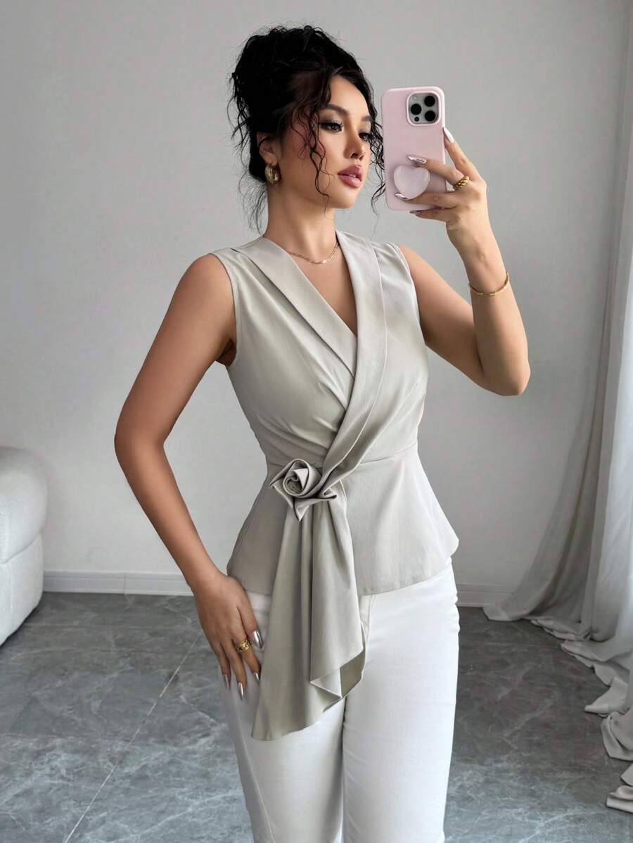 SHEIN Unity Women Sleeveless Shirt With Tie Design, Slimming And Elegant - Grey - View 1