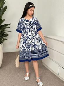 Vestido casual de vacaciones con cuello redondo y manga corta para niñas preadolescentes, suelto y cómodo