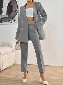 EURMUSE Women's Double Breasted Lapel Neck Blazer & Belted Pants Suit Set - Grey - View 1