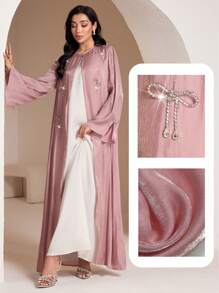 Veilorie Women's Long Sleeve Bow Decor Arabic Abaya Cardigan, Modest Robe - Dusty Pink - View 1