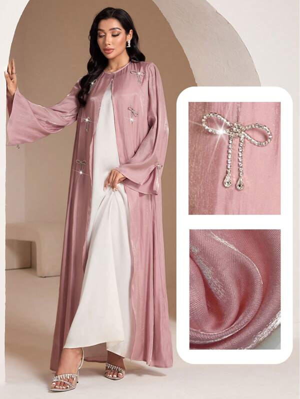 Veilorie Women's Long Sleeve Bow Decor Arabic Abaya Cardigan, Modest Robe