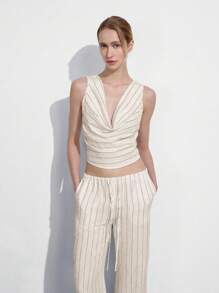 SHEIN LUNE Setelan 2 Potong Wanita: Atasan Tanpa Lengan dengan Kerah Berlipat dan Celana Kasual Linen Bergaris - Putih - View 4