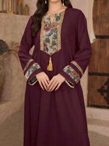 Al Najma Túnica con cinturón y estampado floral 3D y Vestido largo tradicional de Oriente Medio, para primavera/verano, modesto