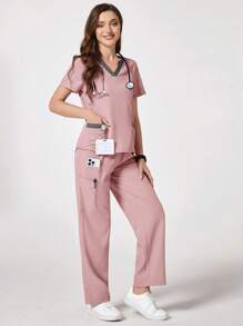 TaskEZ Solid Color V-Neck Short Sleeve T-Shirt And Pants Scrub Uniform Set - Baby Pink - View 4