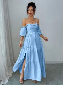 Chiquease Váy vải chắp vá không dây buộc cổ bèo nhún tay bồng eo cao xẻ cao thời trang dành cho nữ hàng ngày và kỳ nghỉ - Màu xanh nhạt - Xem 2