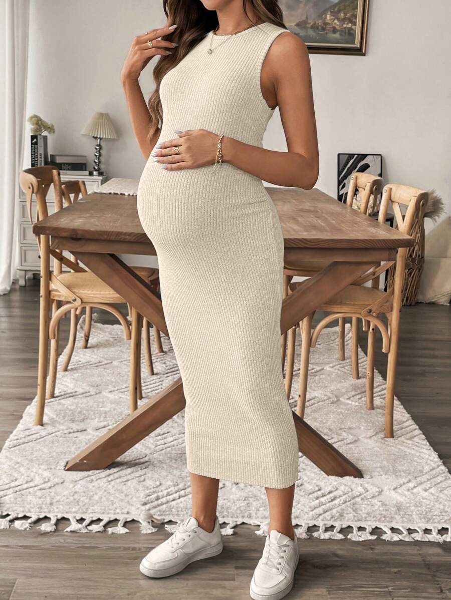 SHEIN Đầm bầu mùa hè không tay cổ tròn màu trơn - Màu be - Xem 1