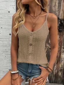 EMERY ROSE Women's Fashionable Hollow Out Jacquard Texture Bohemian Style Button Strap Tank Top - Khaki - View 6