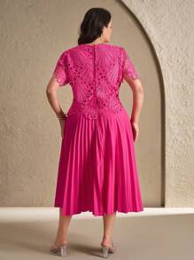 Chikora Plus Size Elegant And Romantic Lace And Pleated Maxi Dress, Fashionable For Summer - Hot Pink - View 2