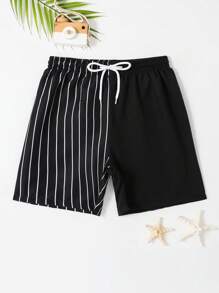 SHEIN Tween Boy Striped Drawstring Waist Swim Shorts - Black - View 1