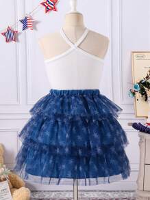 SHEIN Glamorique Kids Girls Big Size Summer Star Print Camisole Top And Mini Skirt Outfit, Minimalist, Cute, Suitable For Commute, Casual, Versatile Girls American Dress Girls Usa Outfit Usa Dress Girls