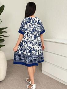 Vestido casual de vacaciones con cuello redondo y manga corta para niñas preadolescentes, suelto y cómodo
